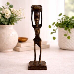 Handcrafted Vintage Bronze Tribal Figurine With Intricate Details - 11 Inches Ta